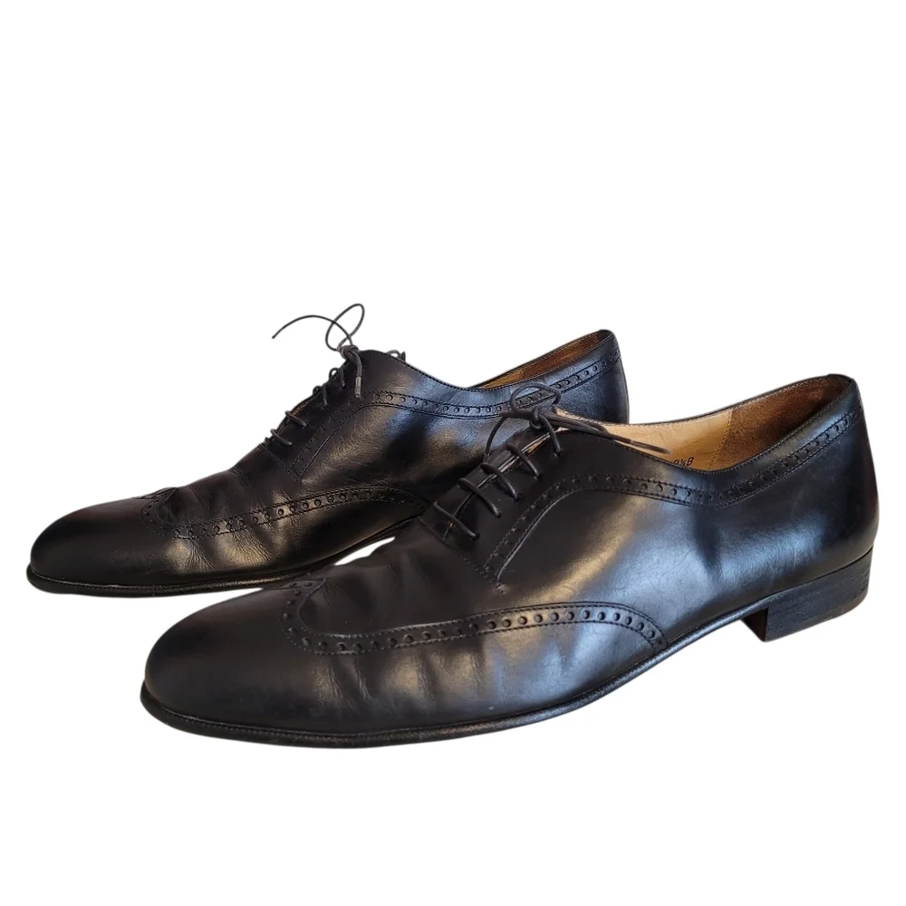 Salvatore Ferragamo Black Leather Lace-up Wingtip Oxfords Shoes Mens 10.5B